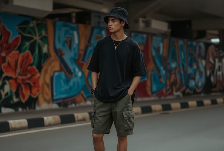 Style Cowok Celana Pendek dan Kaos Hitam