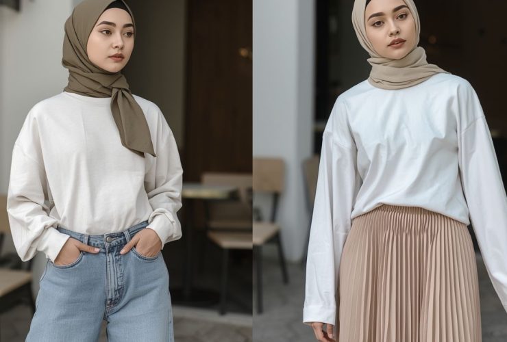 Fashion Hijab Simple Tapi Elegan dengan Kaos Polos Lengan Panjang